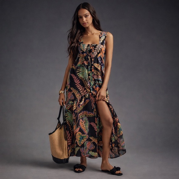 Farm Rio Cool Foliage Black Sleeveless Maxi Dress/Size XXS - Picture 2 of 9